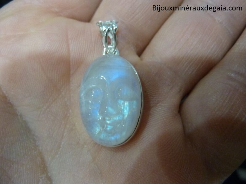 Pendentif Pierre de lune visage sculpté Monture argent 925 Ref 8988