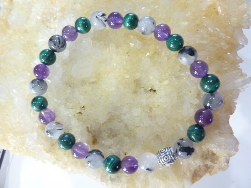 Bracelet malachite-améthyste-quartz tourmaliné