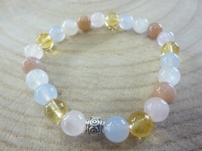 Bracelet citrine-pierre de lune-Calcédoine bleue-quartz rose-Pierre de soleil perles rondes 8 mm