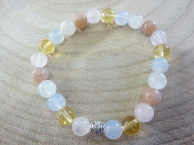 Bracelet citrine-pierre de lune-Calcédoine bleue-quartz rose-Pierre de soleil perles rondes 8 mm