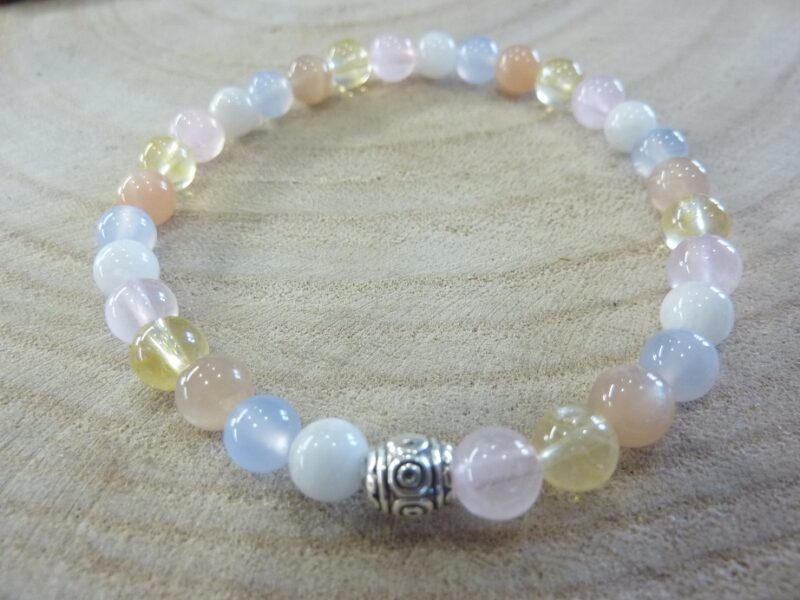 Bracelet citrine-pierre de lune-Calcédoine bleue-quartz rose-Pierre de soleil perles rondes 6 mm