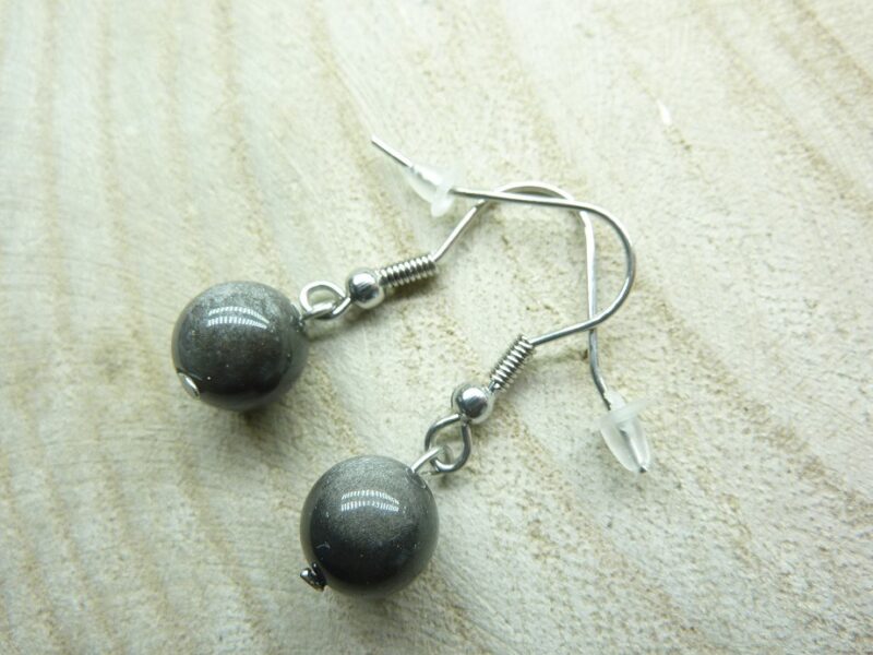Boucles d'oreilles Obsidienne argentée perles rondes 8 mm