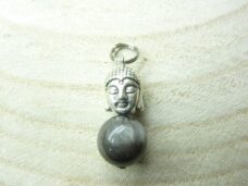 Pendentif Obsidienne argentée-Bouddha perles rondes 10 mm