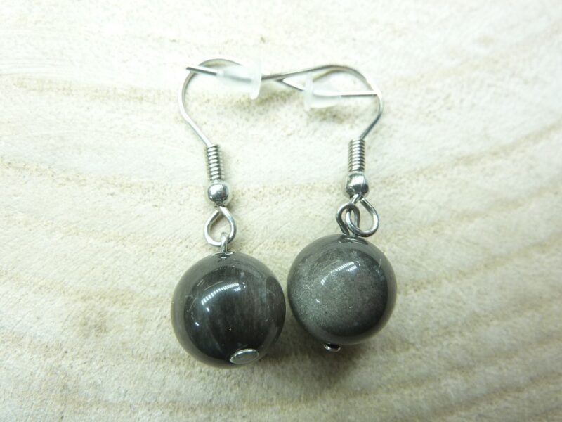 Boucles d'oreilles Obsidienne argentée perles rondes 10 mm