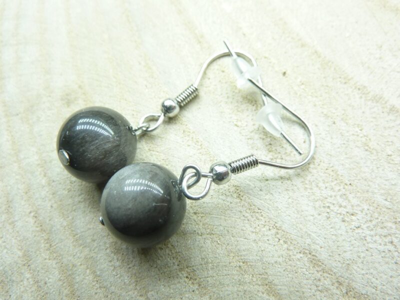 Boucles d'oreilles Obsidienne argentée perles rondes 10 mm