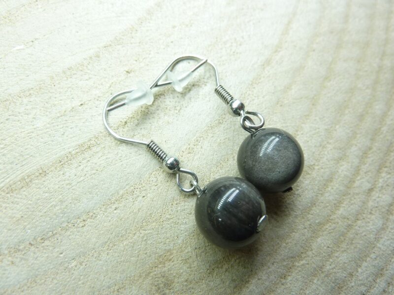 Boucles d'oreilles Obsidienne argentée perles rondes 10 mm