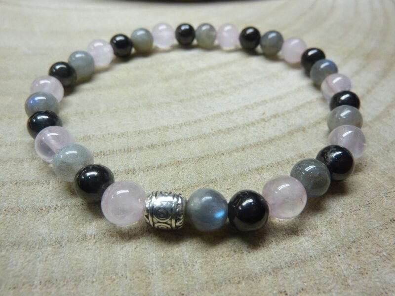 Bracelet Shungite-Labradorite-Quartz rose - perles rondes 6 mm