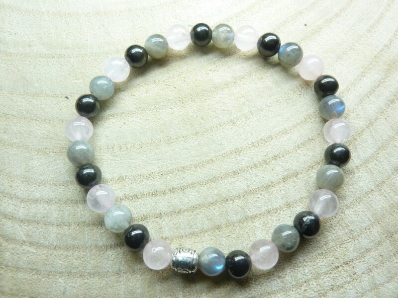 Bracelet Shungite-Labradorite-Quartz rose - perles rondes 6 mm