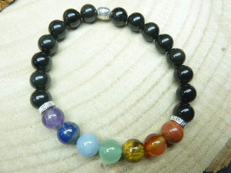 Bracelet Chakras-Obsidienne oeil céleste-perles rondes 8 mm