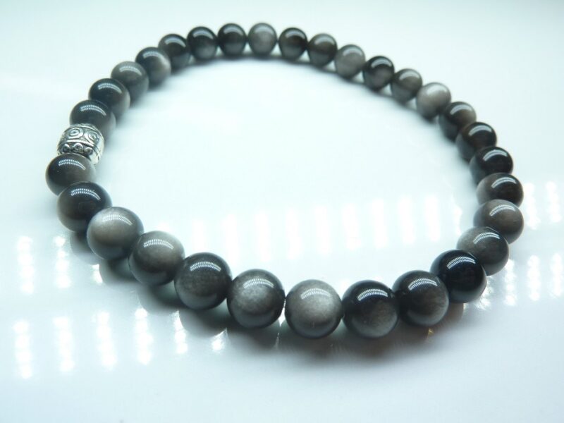 Bracelet Obsidienne argentée perles rondes 6 mm