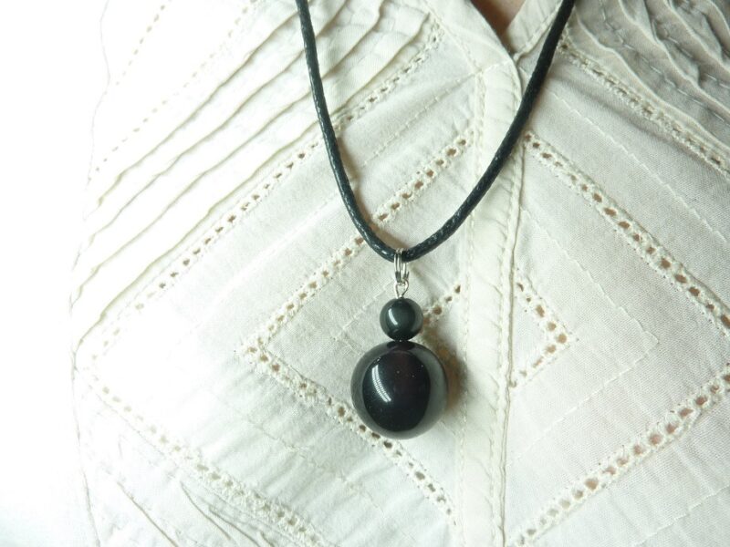 Pendentif Obsidienne œil céleste + cordon fermoir