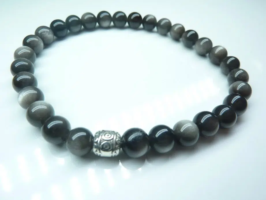 Bracelet Obsidienne argentée perles rondes 6 mm