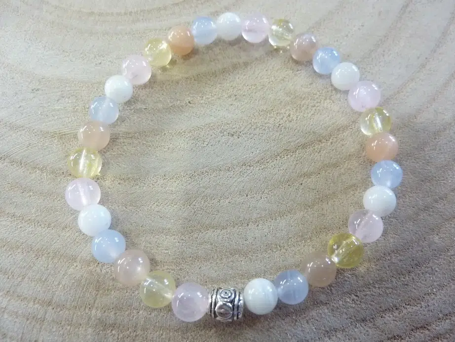 Bracelet citrine-pierre de lune-Calcédoine bleue-quartz rose-Pierre de soleil perles rondes 6 mm