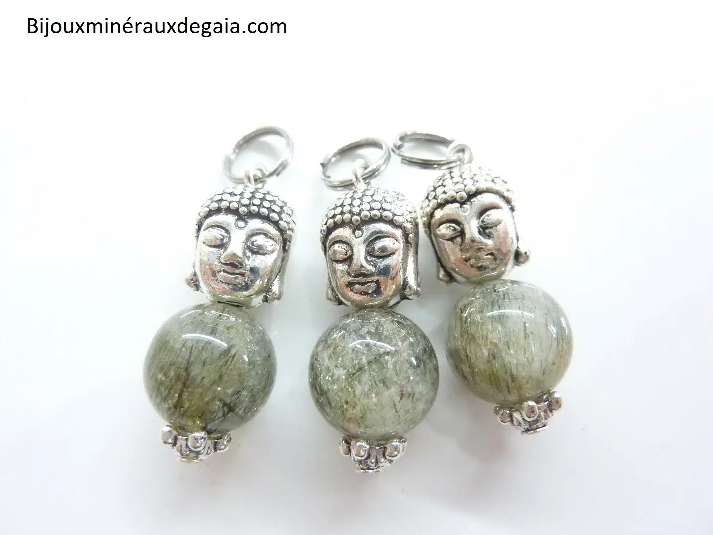 Pendentif quartz tourmaliné verte – Bouddha rare ! Perles rondes 10,5 mm