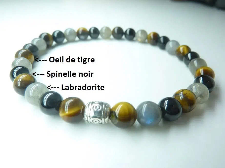 Bracelet Spinelle noir-Oeil de tigre-Labradorite