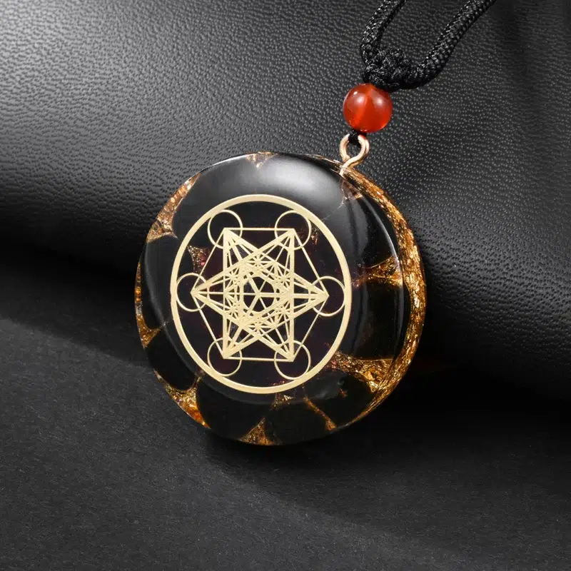 Pendentif orgonite cube Métatron - Obsidienne - grenat