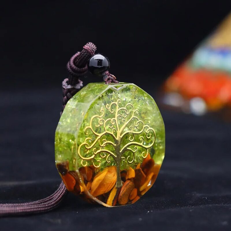 Pendentif orgonite Oeil de tigre-Peridot - Arbre de vie