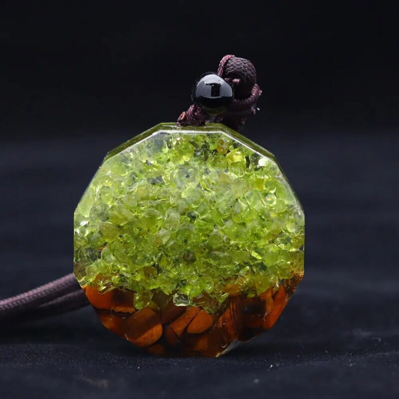 Pendentif orgonite Oeil de tigre-Peridot - Arbre de vie