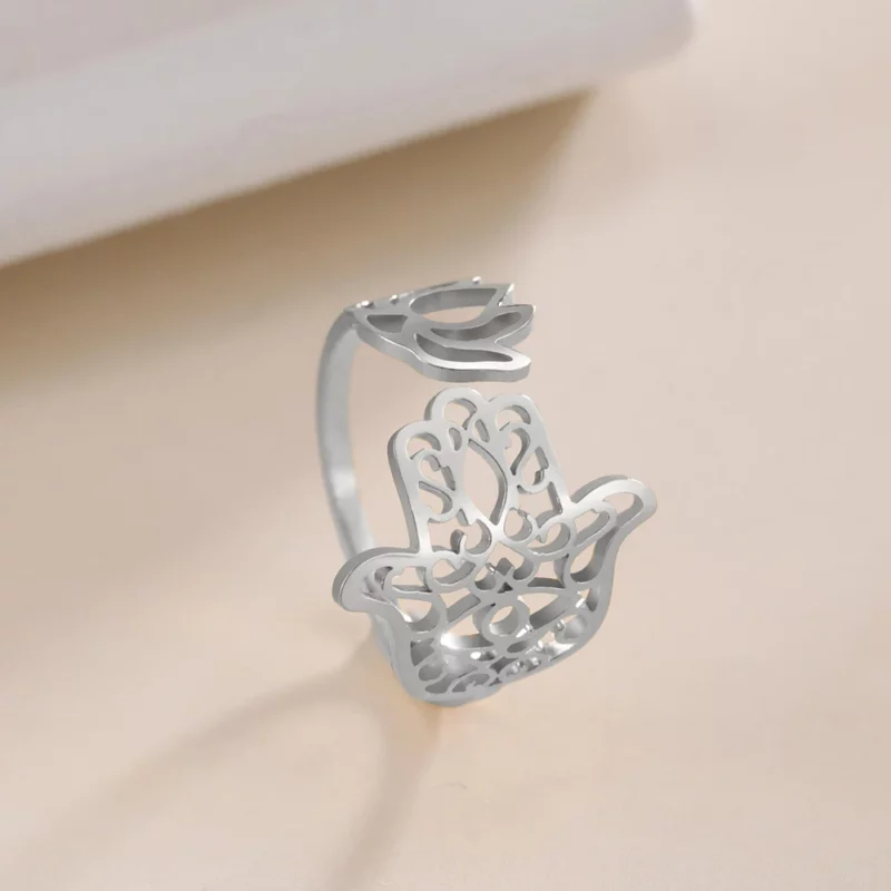 Bague Main de Fatma Hamsa-fleur de lotus réglagle ref argent