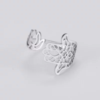 Bague Main de Fatma Hamsa-fleur de lotus réglagle ref argent