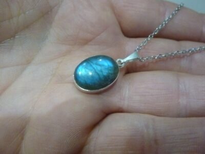 Collier pendentif Labradorite argent 925 GG 1612 + chaine acier inoxydable 45 cm