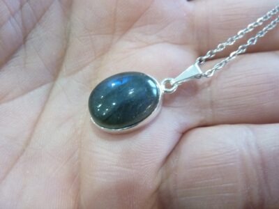 Collier pendentif Labradorite argent 925 GG 032 + chaine acier inoxydable 45 cm 