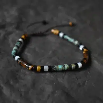Bracelet Oeil de tigre-Tourmaline noire-Turquoise ajustable 