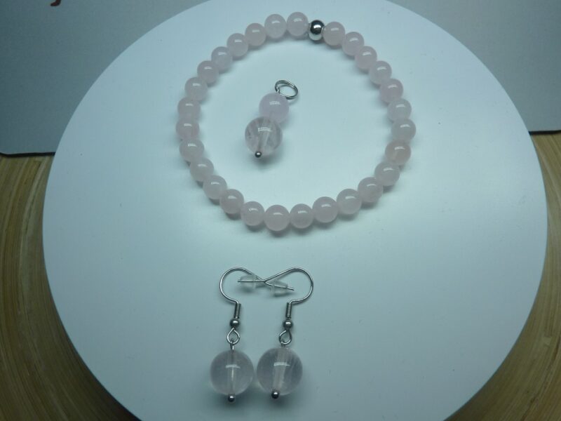 Parure Quartz Rose – Bracelet, Boucles d’Oreilles & Pendentif | Énergie d’Amour et de Douceur