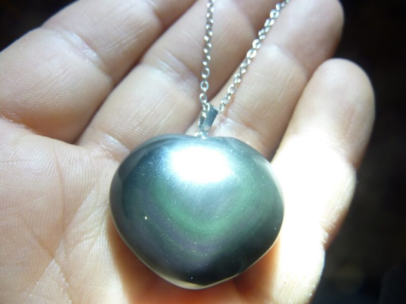 Pendentif coeur Obsidienne oeil céleste argent 925 GG 33B 1107 + chaine acier inoxydable 45 cm