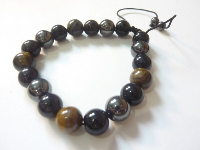 Bracelet réglable Oeil de tigre-obsidienne-hématite-perles 10 mm