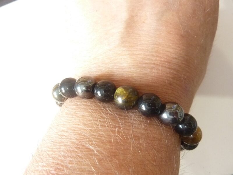 Bracelet réglable Oeil de tigre-obsidienne-hématite-perles 10 mm