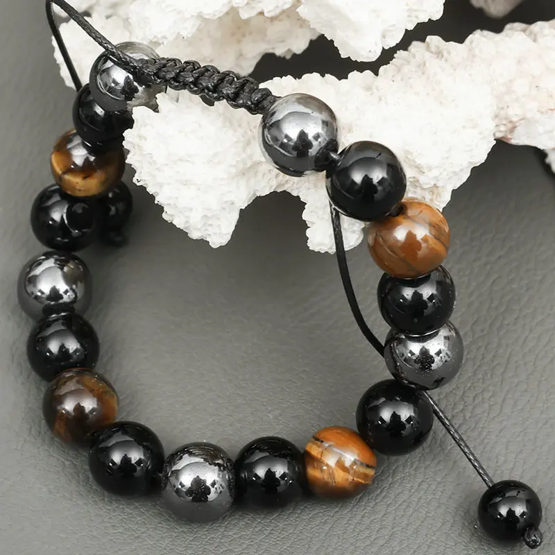 Bracelet réglable Oeil de tigre-obsidienne-hématite-perles 10 mm