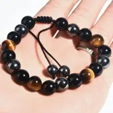 Bracelet réglable Oeil de tigre-obsidienne-hématite-perles 8mm