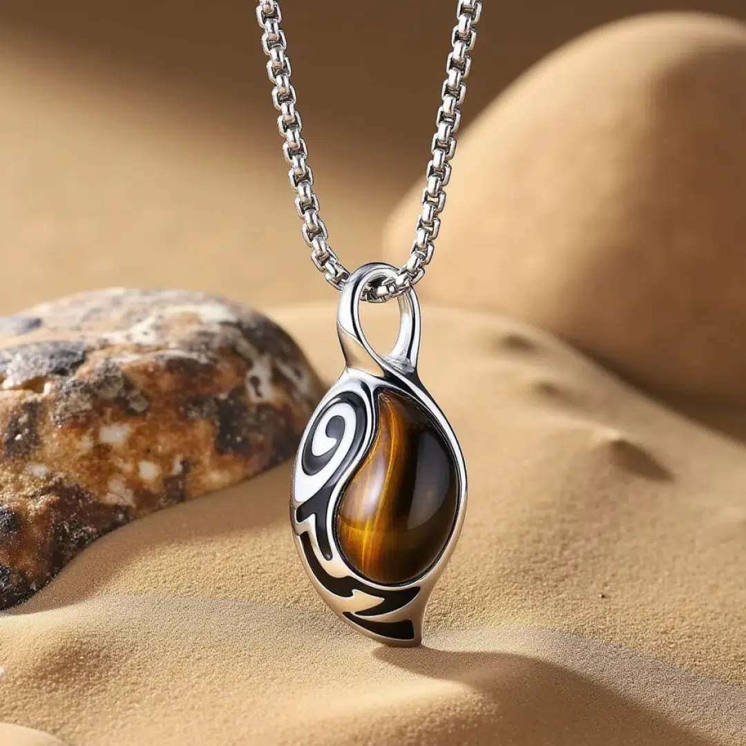 Pendentif Œil de Tigre – Bouclier Tribal