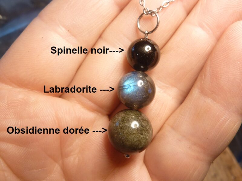 Pendentif Obsidienne dorée-Labradorite-Spinelle noir + chaine acier inoxydable 50 cm