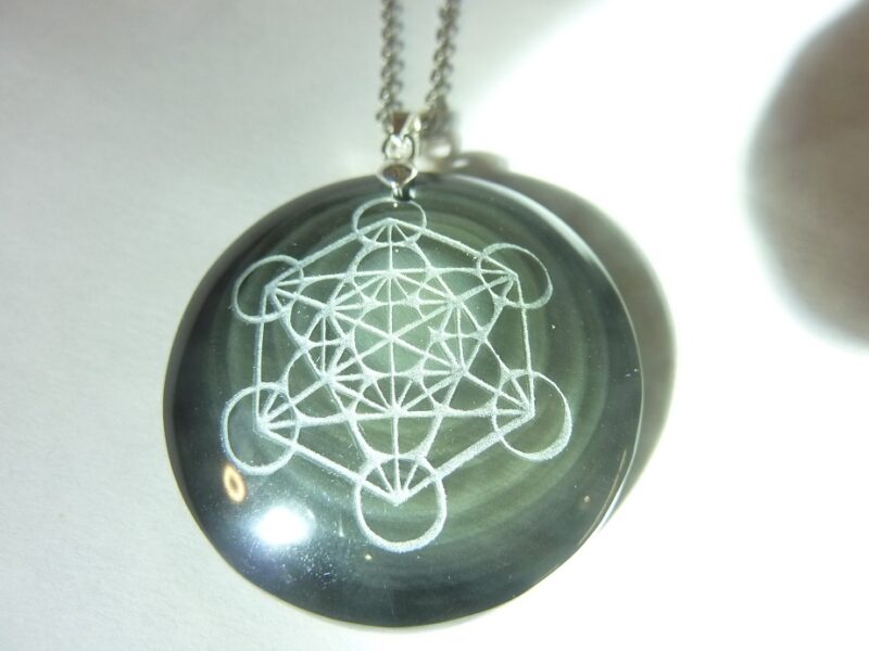 Collier pendentif cube Métatron-Obsidienne oeil céleste argent 925 + Chaine acier inoxydable 50 cm