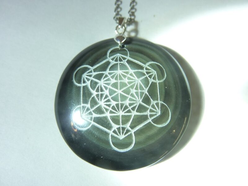 Collier pendentif cube Métatron-Obsidienne oeil céleste argent 925 + Chaine acier inoxydable 50 cm
