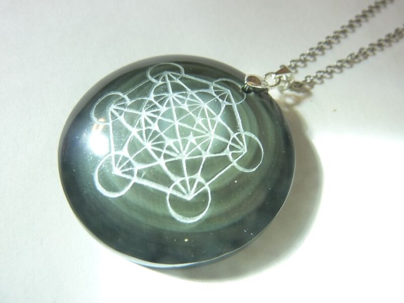 Collier pendentif cube Métatron-Obsidienne oeil céleste argent 925 + Chaine acier inoxydable 50 cm