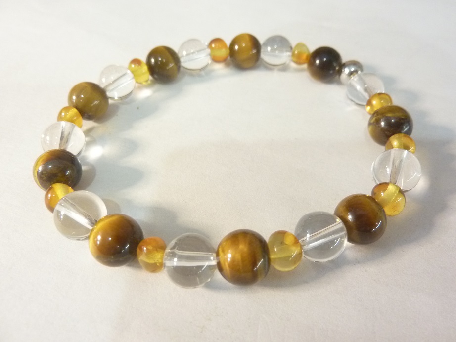 Bracelet Oeil de tigre-Ambre miel-Quartz cristal de roche