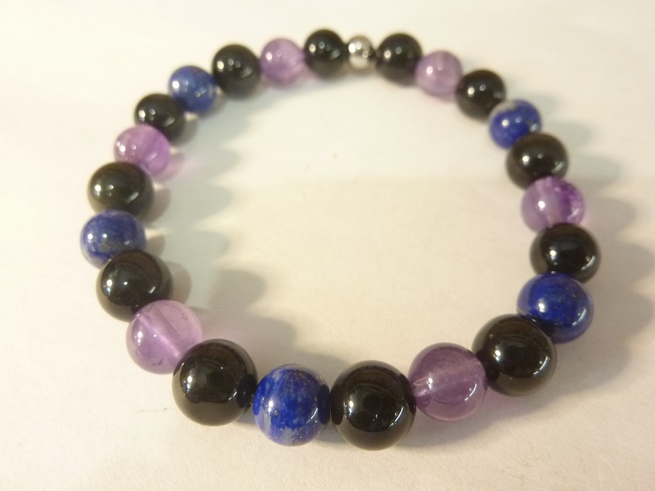 Bracelet Spinelle noir-Améthyste-Obsidienne oeil céleste-Lapis lazuli