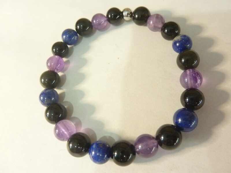 Bracelet Spinelle noir-Améthyste-Obsidienne oeil céleste-Lapis lazuli