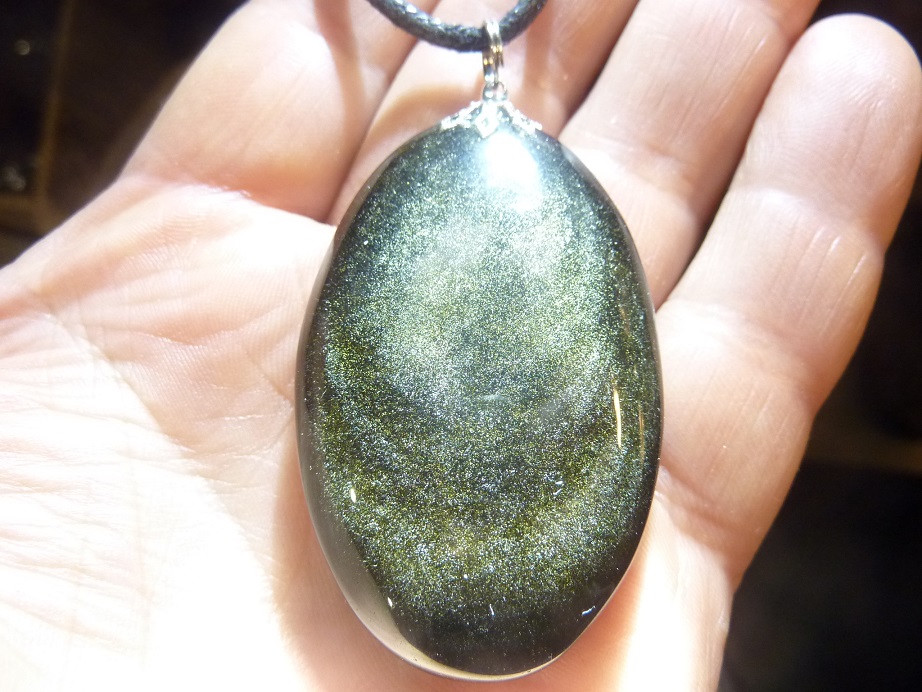 Pendentif Obsidienne dorée + collier cordon en coton cirée 56 cm