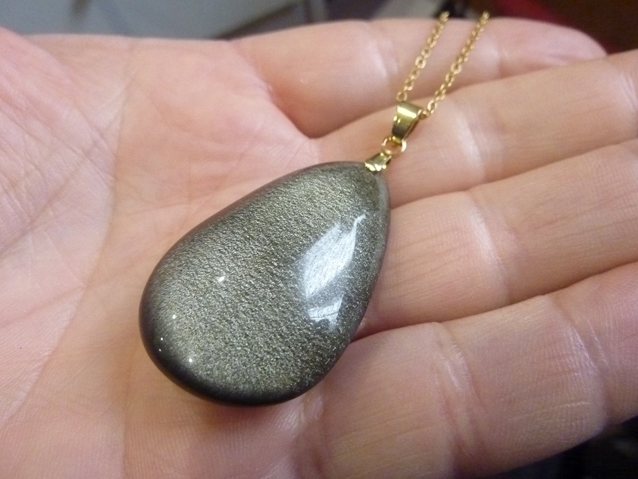 Collier pendentif Obsidienne dorée + chaine acier inoxydable doré 50 cm