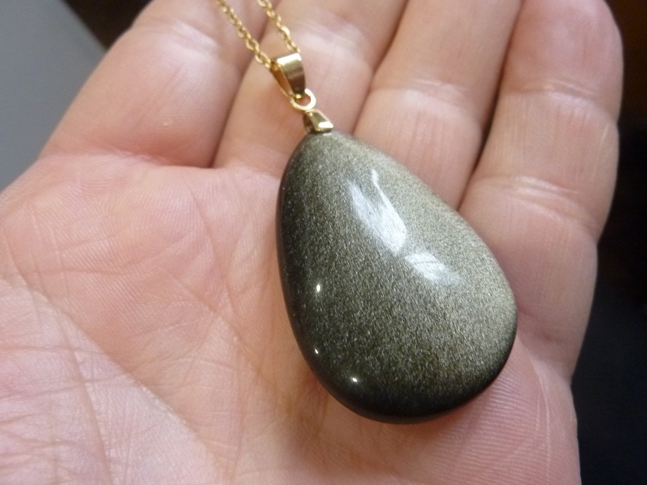 Collier pendentif Obsidienne dorée + chaine acier inoxydable doré 50 cm