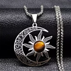 Coller pendentif Lune-Soleil en oeil de Tigre-Wicca