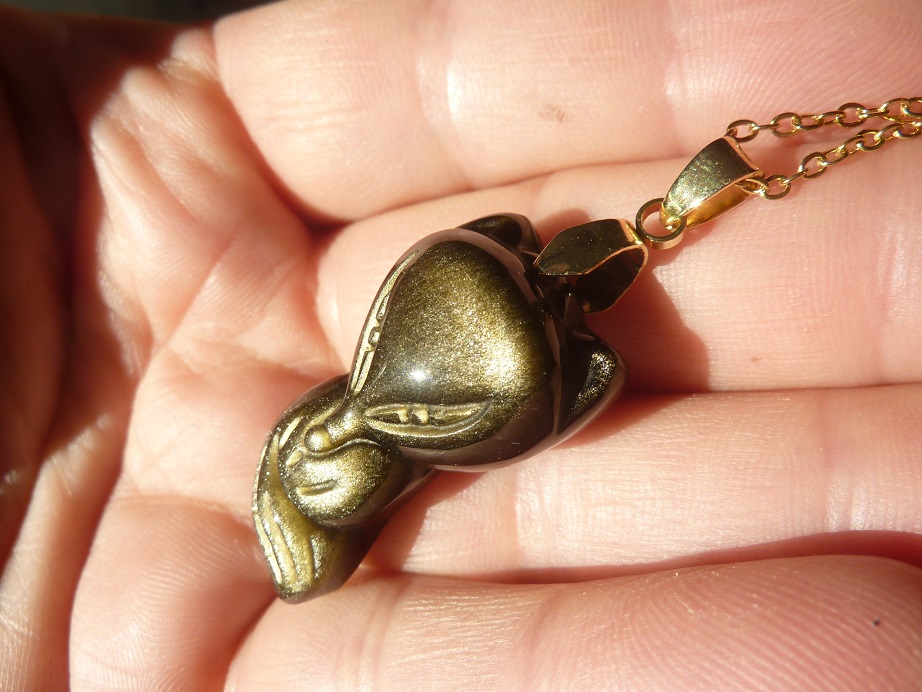 Pendentif Renard Obsidienne dorée + chaine acier inoxydable 50 cm