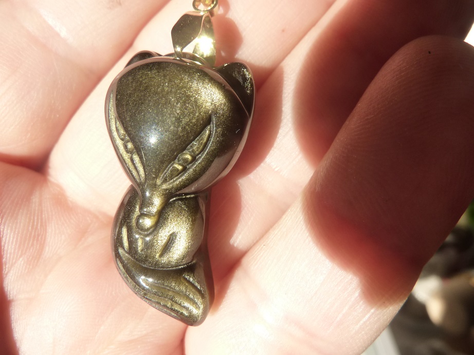 Pendentif Renard Obsidienne dorée + chaine acier inoxydable 50 cm