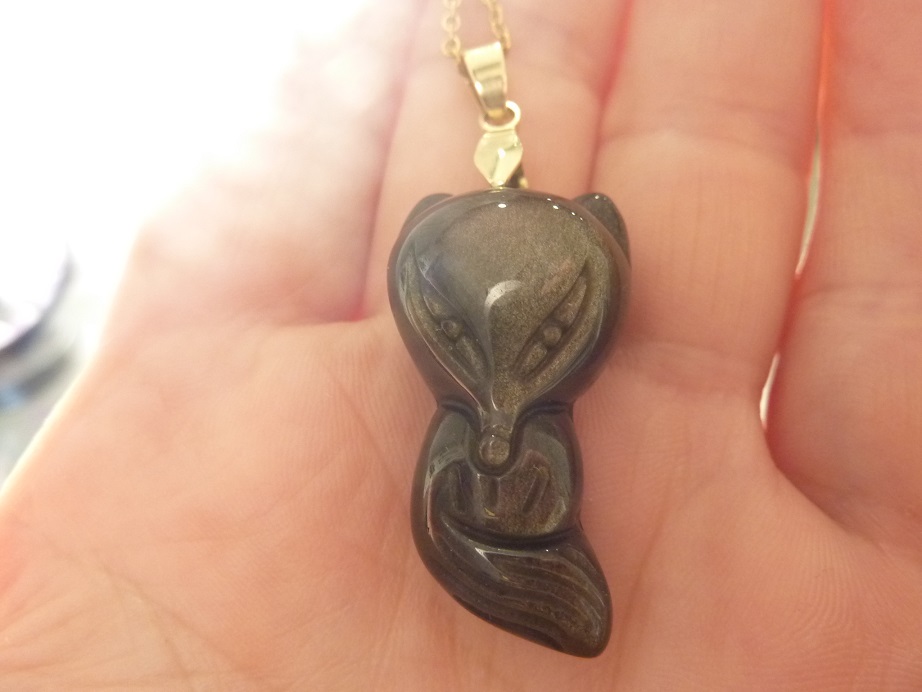 Pendentif Renard Obsidienne dorée + chaine acier inoxydable 50 cm